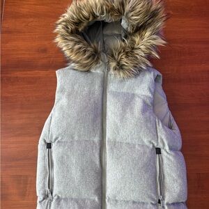 GAP Gray Puffer Vest with Faux Fur Hood